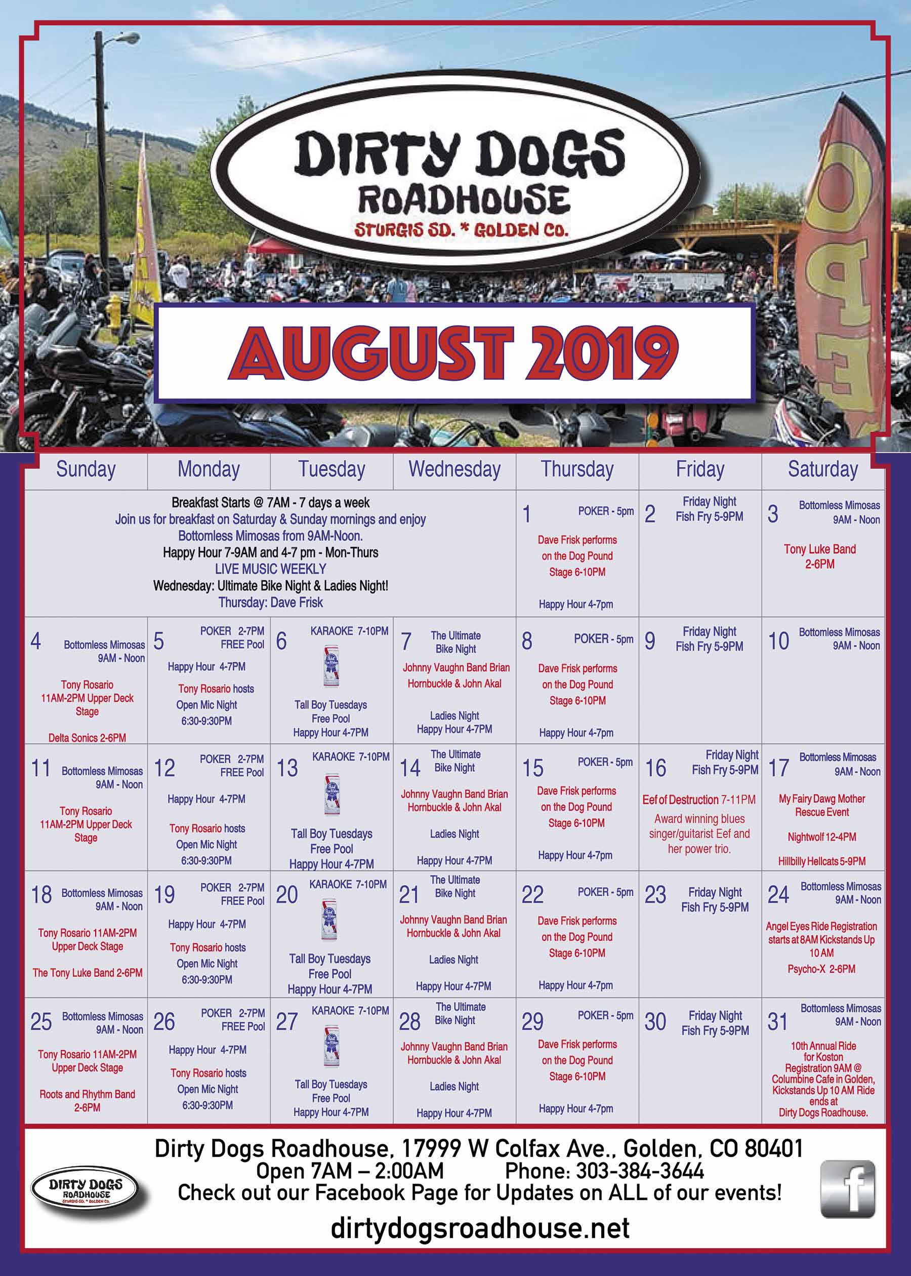 Dirty Dogs Roadhouse – August 2019 Calendar