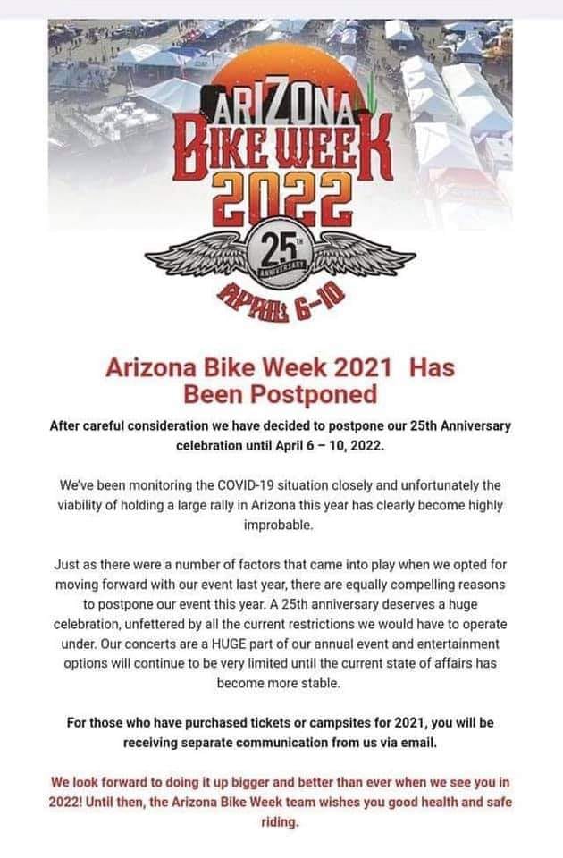 25th Arizona Bike Week Postponed to 2022